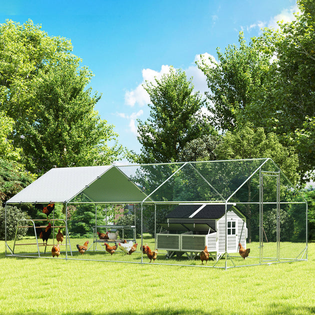 Large Metal Chicken Coop with Waterproof Cover, Roosting Bar, Nesting Box, 9.8' x 19.7' x 6.4'
