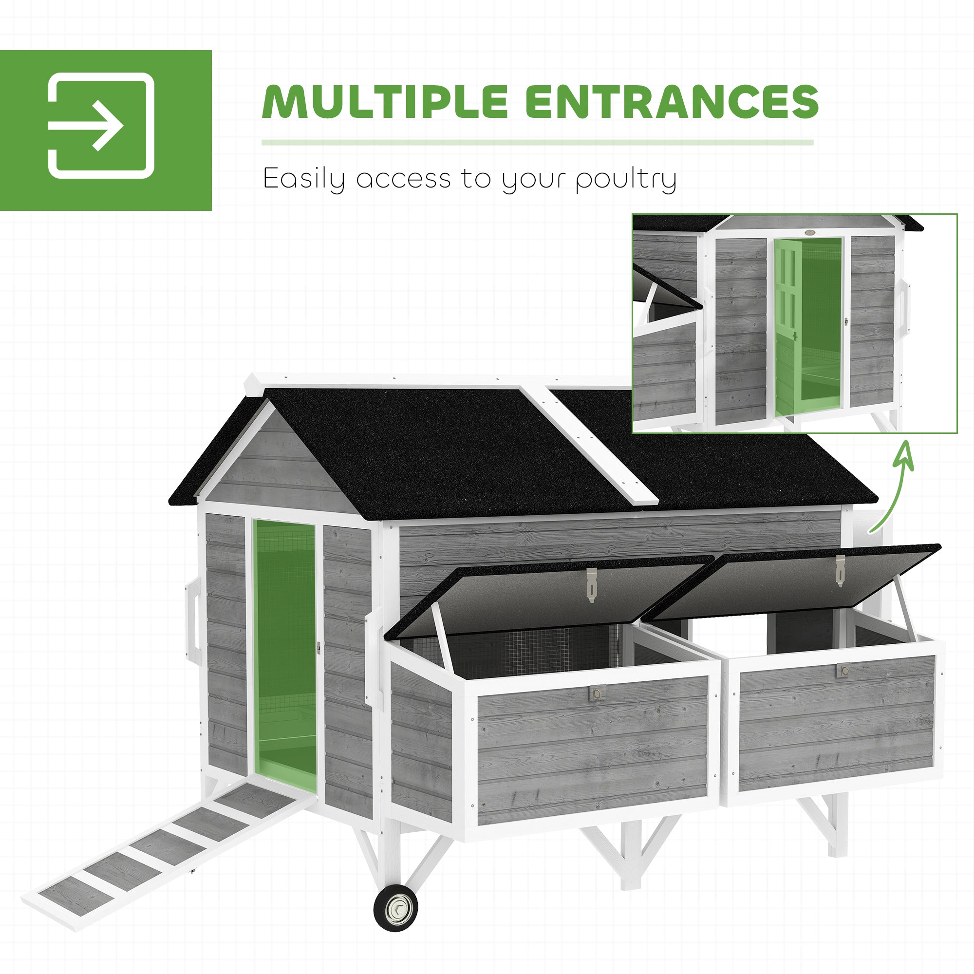 59" Wooden Chicken Coop w/ Wheels, Handles, 2 Nesting Boxes, 2 Trays, 4 Perches, Chicken Tractor for 4-6 Chickens, Gray