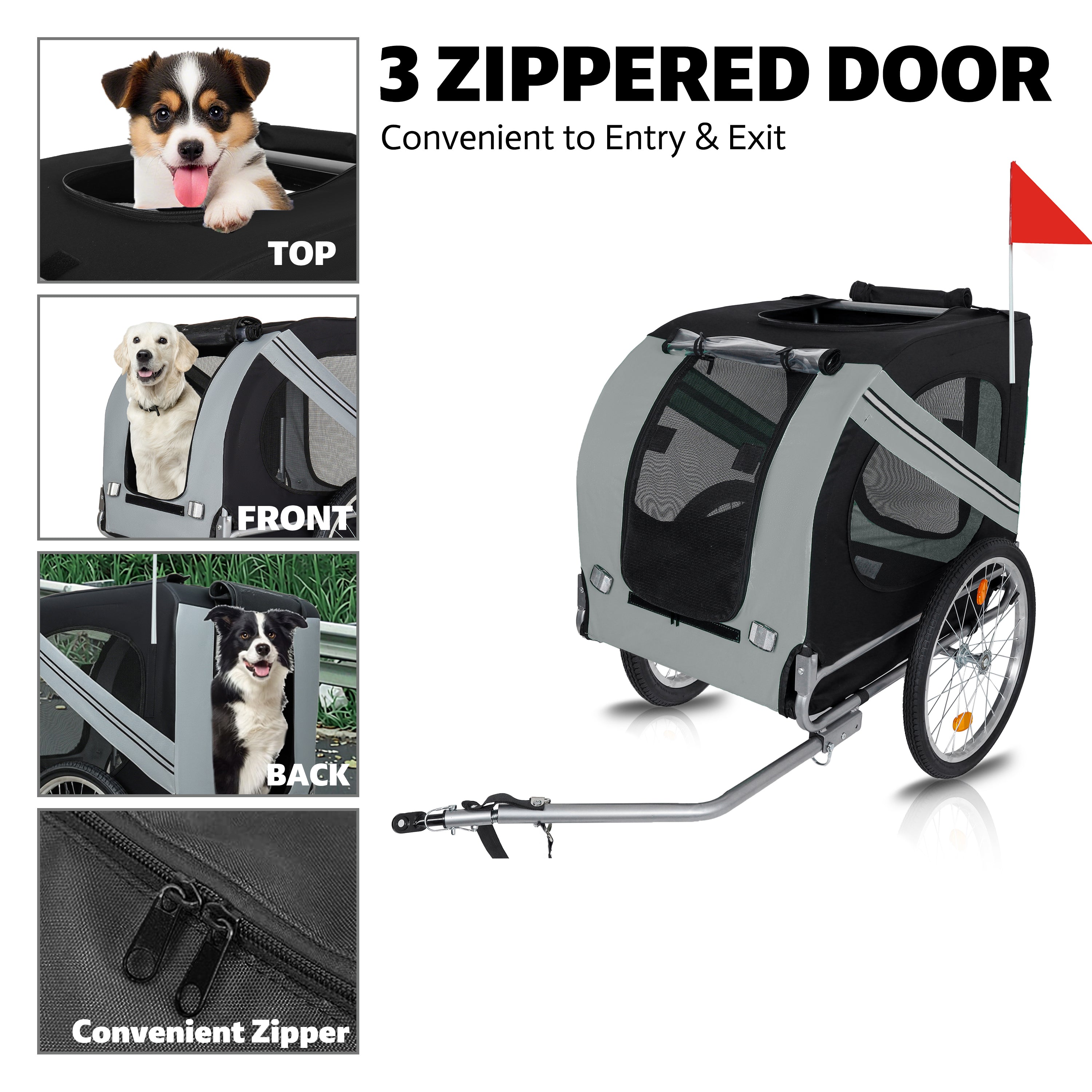 Large Folding Bike Trailer For Dogs - 100LB Capacity All-Terrain Pet Carrier, Durable Steel Frame For Cycling, Jogging, Camping & Outdoor Adventures, Black- Grey