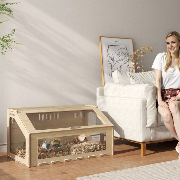 39 inch Hamster Cage Habitat with Acrylic Window & Openable Top for Dwarf Hamster, Gerbil, Guinea Pig, Rat, Oak
