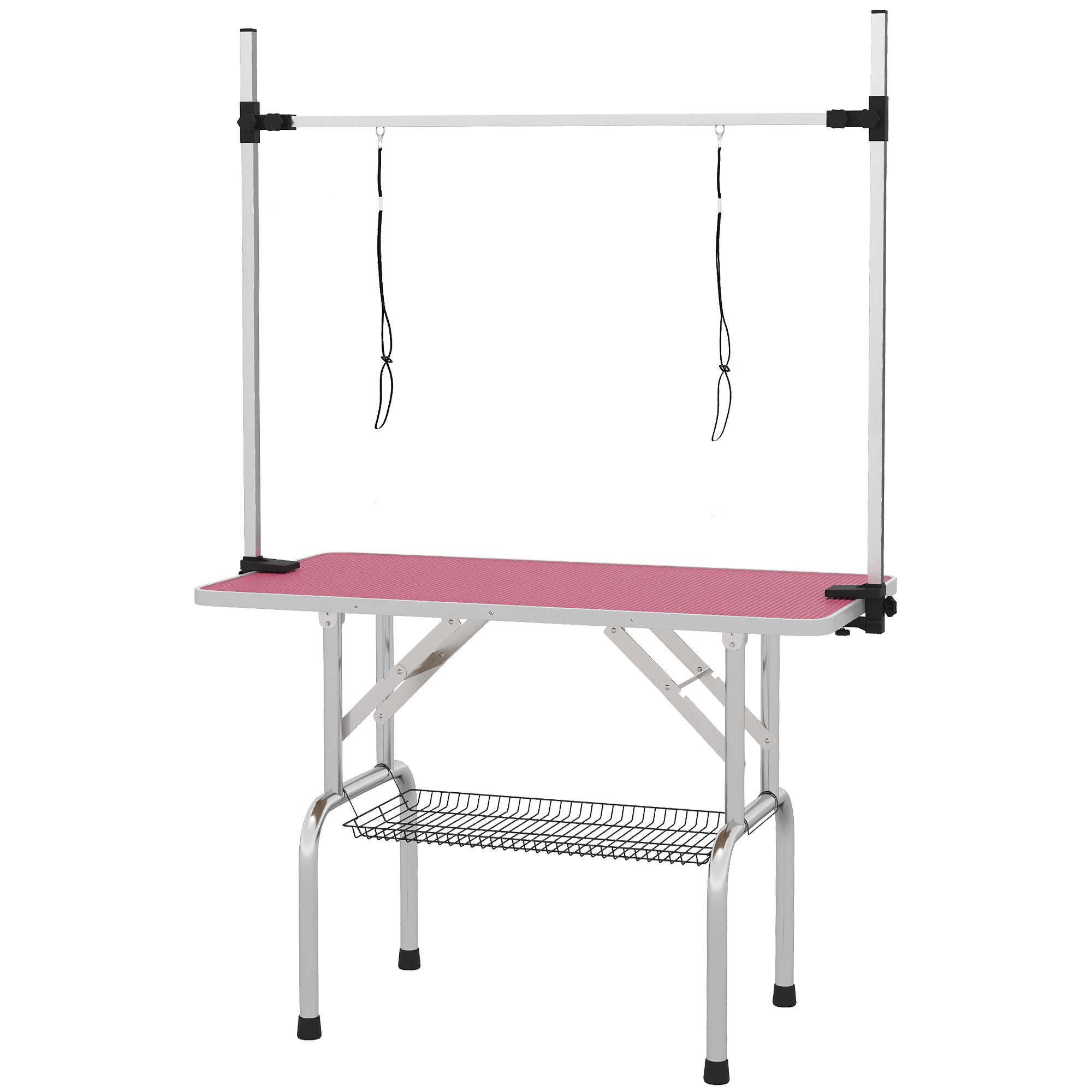 PawHut 42 Dog Grooming Table, Adjustable Pet Cat Drying Beauty Table With 2 Loops Storage Basket, Rubber Top, Pink