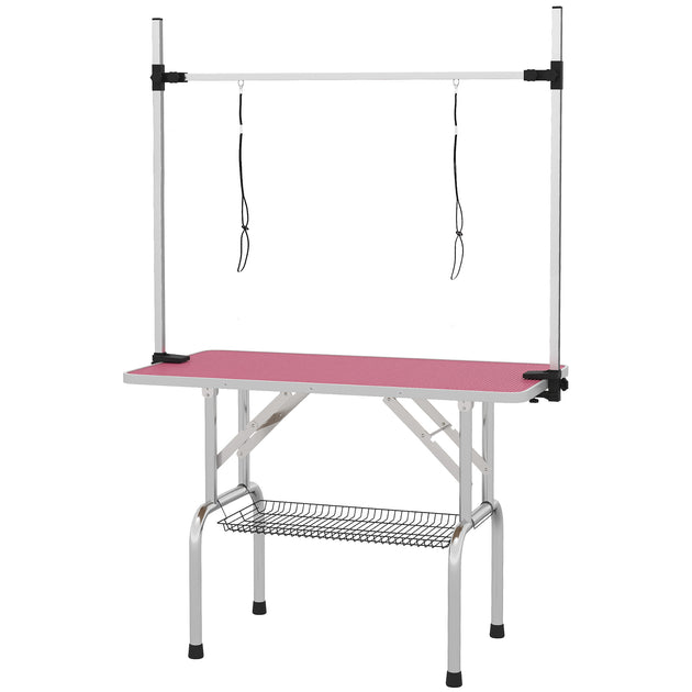 PawHut 42 Dog Grooming Table, Adjustable Pet Cat Drying Beauty Table With 2 Loops Storage Basket, Rubber Top, Pink