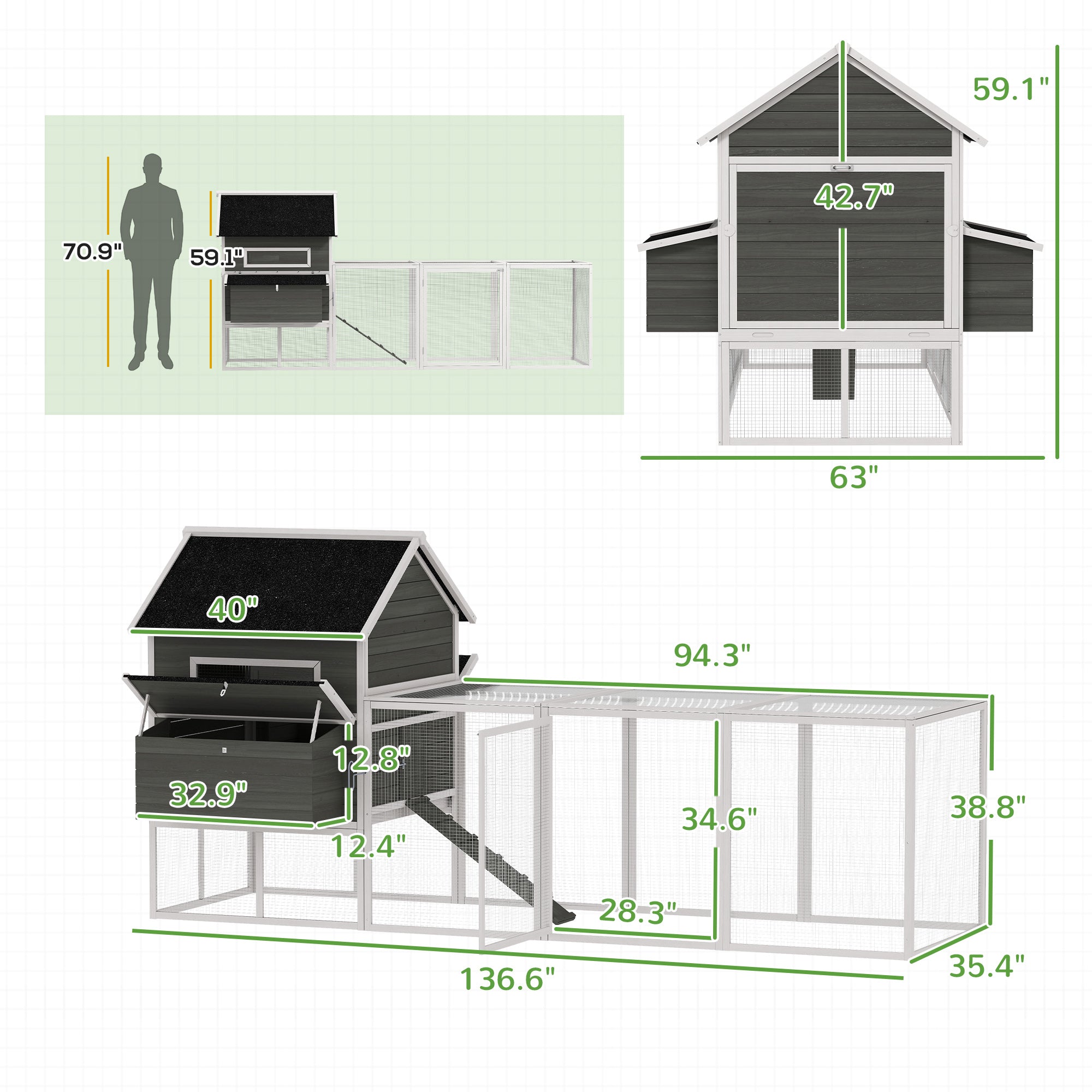 137" Wooden Chicken Coop for 8-10 Chickens, Backyard, Dark Gray