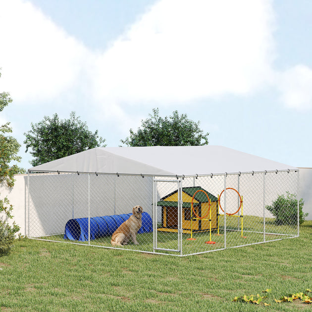 15' x 15' x 7' Dog Kennel Outdoor for Small Medium Large Dogs with Waterproof Roof, Silver