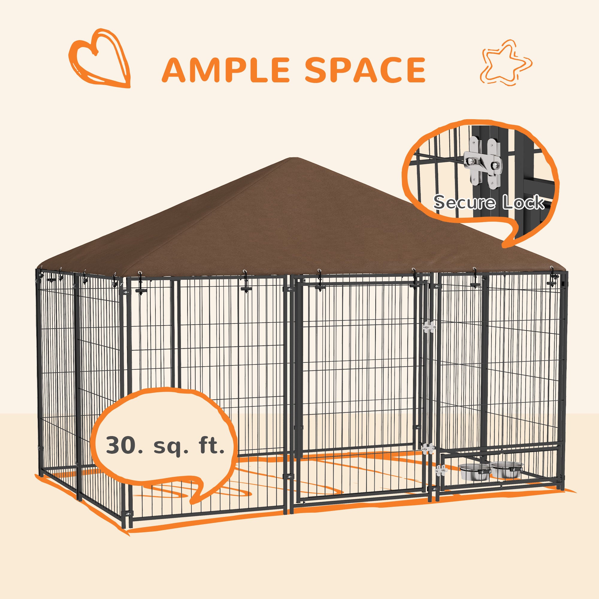 Outside Dog Kennel, 6.9' x 4.6' x 5' Puppy Play Pen with Canopy, Garden Playpen Fence Crate with Rotating Bowl, Black