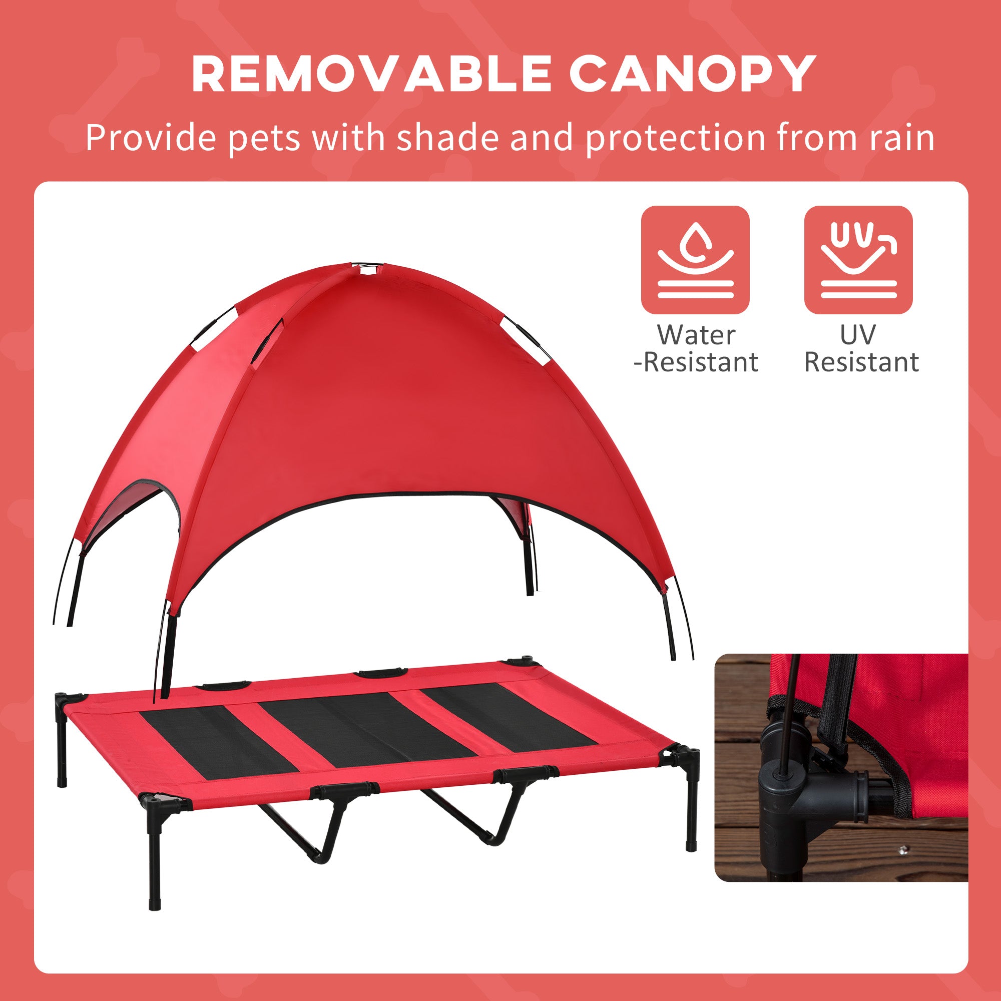 48" X 36" Elevated Portable Dog Cot Cooling Pet Bed With UV Protection Canopy Shade, Red
