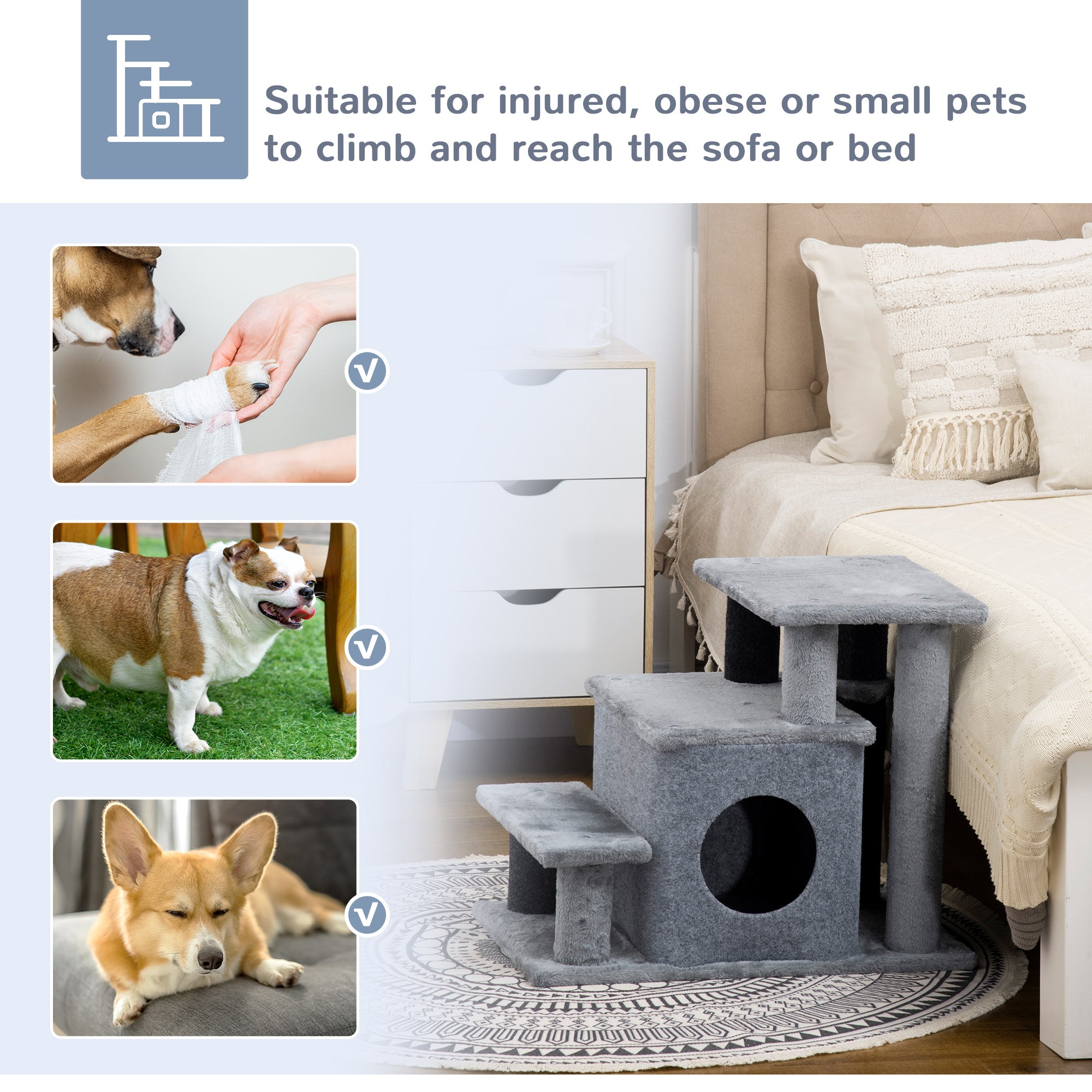 Adjustable Height 3 Step/4 Step Cat Stairs with Cat Scratching Post, Cat Condo, Toy Ball, for Bed, Sofa, Couch, Gray