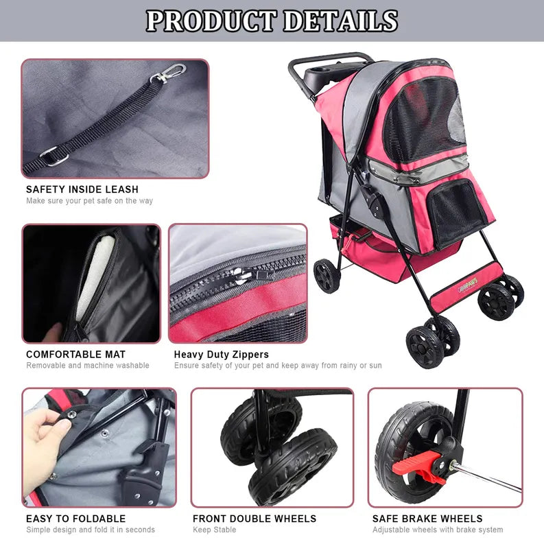 GOOPAWS 4-Wheel Promenade Pet Stroller for Dogs Cats, Safe Brake Wheels Foldable Jogging Stroller with Cup Holder, Storage Basket, Pad, Seat Belt