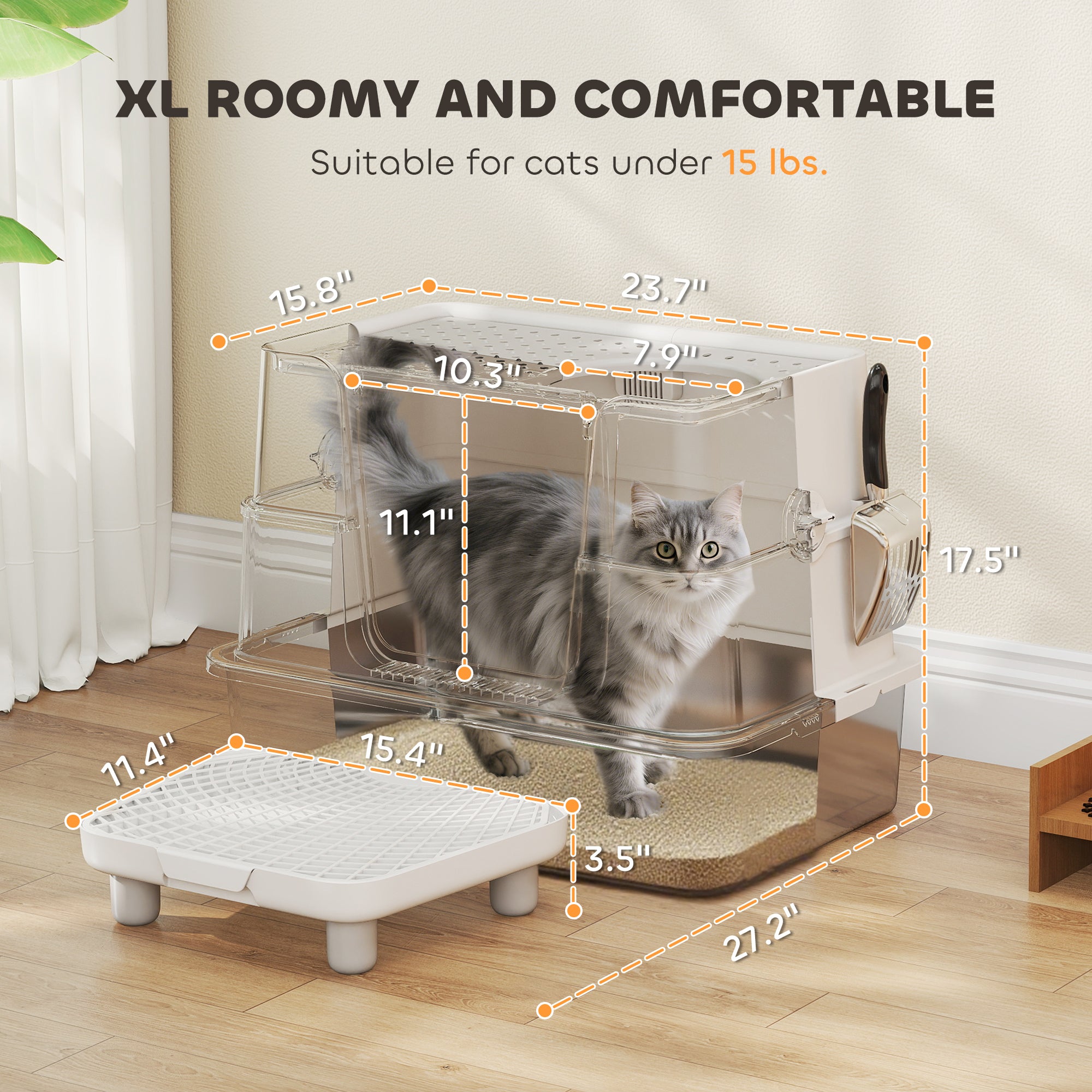 XL Stainless Steel Litter Box W  Flip Top, Scoop, Step, Top & Side Entry Enclosed Litter Box For Big Cats