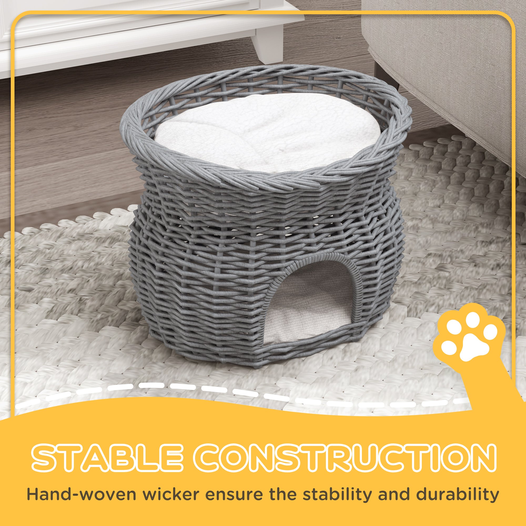 PawHut 2-Tier Wicker Cat House Elevated Pet Bed Basket Willow Kitten Tower Pet Den. With Washable Cushions 56x37x40cm Grey