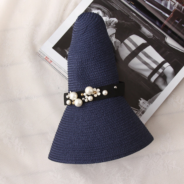 Big Brimmed Hat Beach Sunscreen Foldable Straw Hat With Pearl Rivets