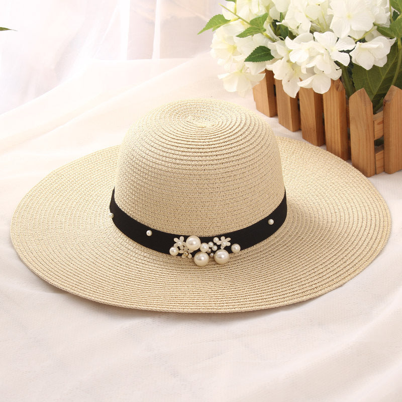Big Brimmed Hat Beach Sunscreen Foldable Straw Hat With Pearl Rivets