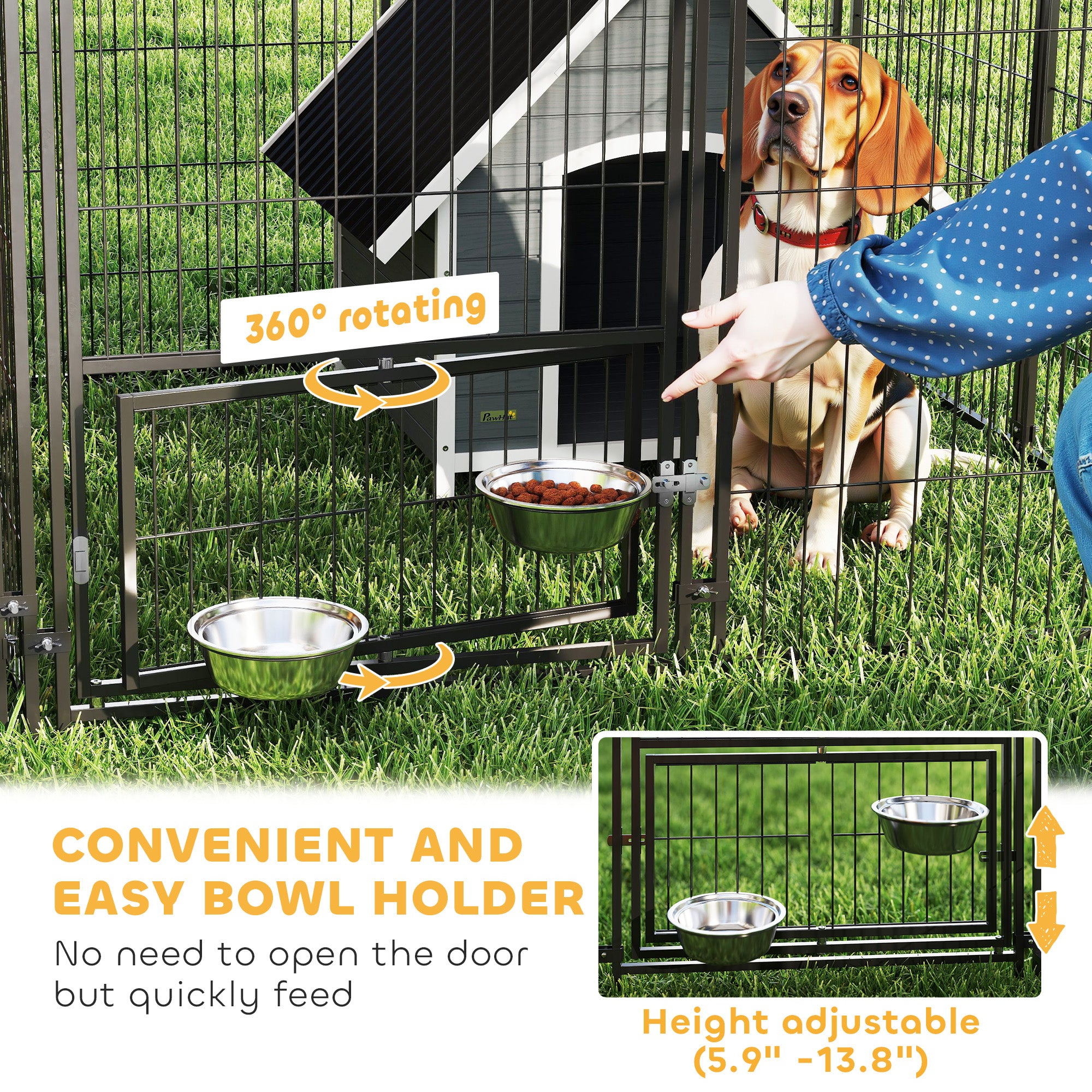 Large Outdoor Dog Kennel with 2 Rooms, Rotating & Adjustable Height Bowls, 13.5' x 9.4' x 5.1'