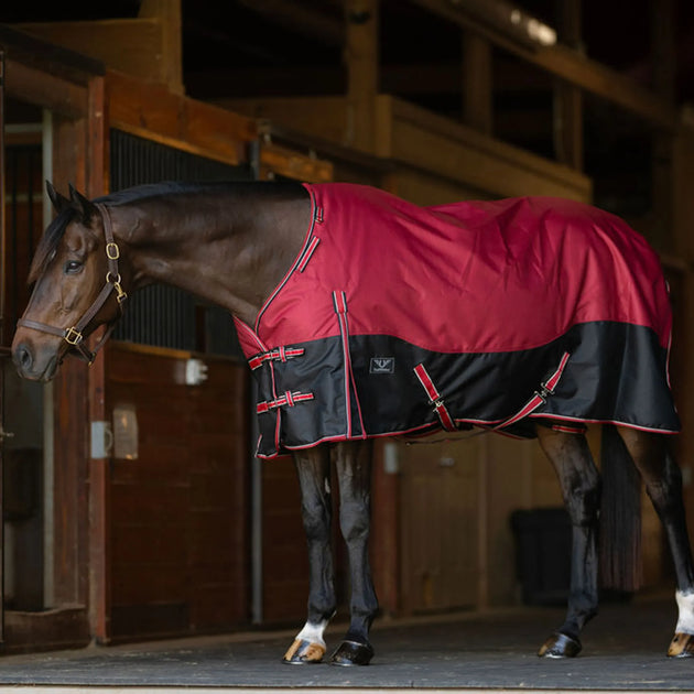 TuffRider Comfy Fit 1200 D RipStop Waterproof/Breathable  Comfy Winter Turnout Blanket Medium Weight 200 GSM Standard Neck W/Adjustable Neck - Two Tone Red/Black  -69