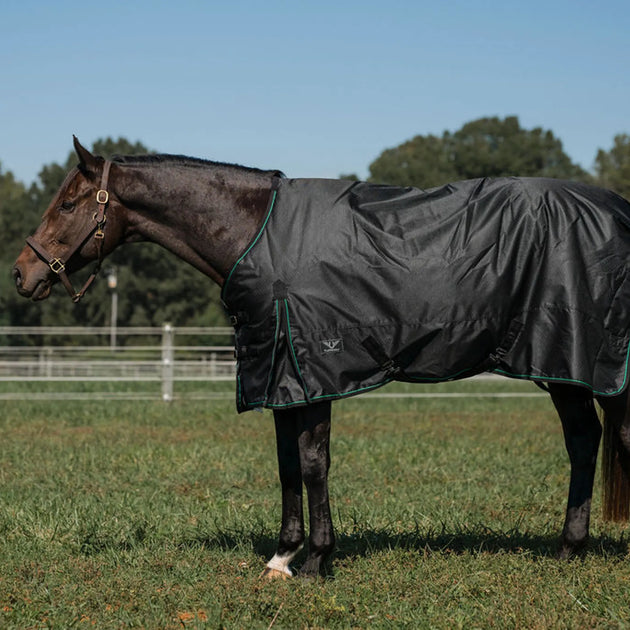 TuffRider 600D RipStop Waterproof/Breathable  Comfy Winter Turnout Blanket Medium Weight 200 GSM Standard Neck - Black w Green/Black Trim -69