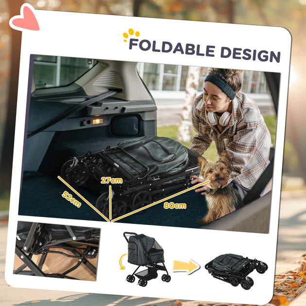 PawHut Pet Stroller Pushchair Foldable Travel Dog Cat Carriage W/ Reversible Handle Brake Basket