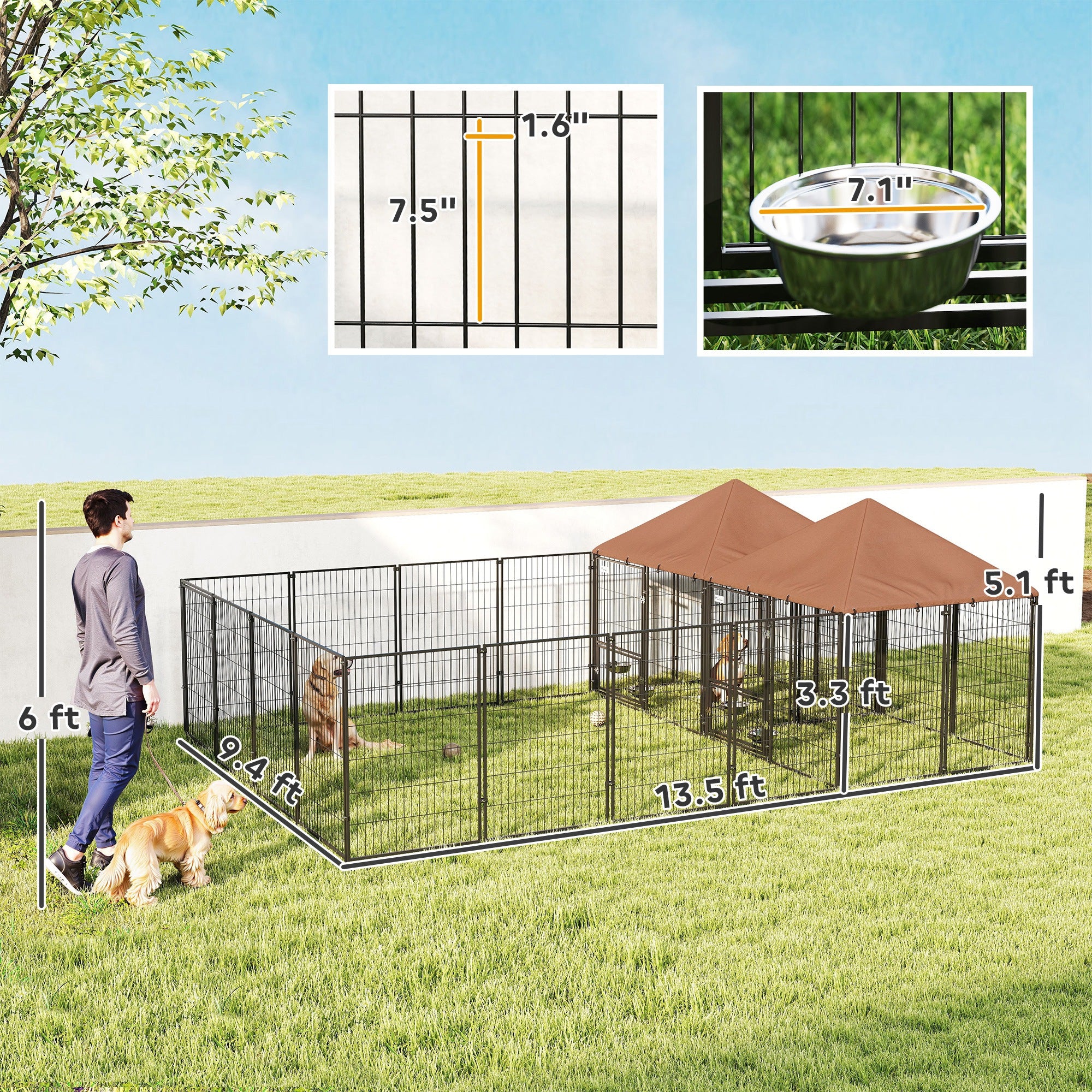 Large Outdoor Dog Kennel with 2 Rooms, Rotating & Adjustable Height Bowls, 13.5' x 9.4' x 5.1'