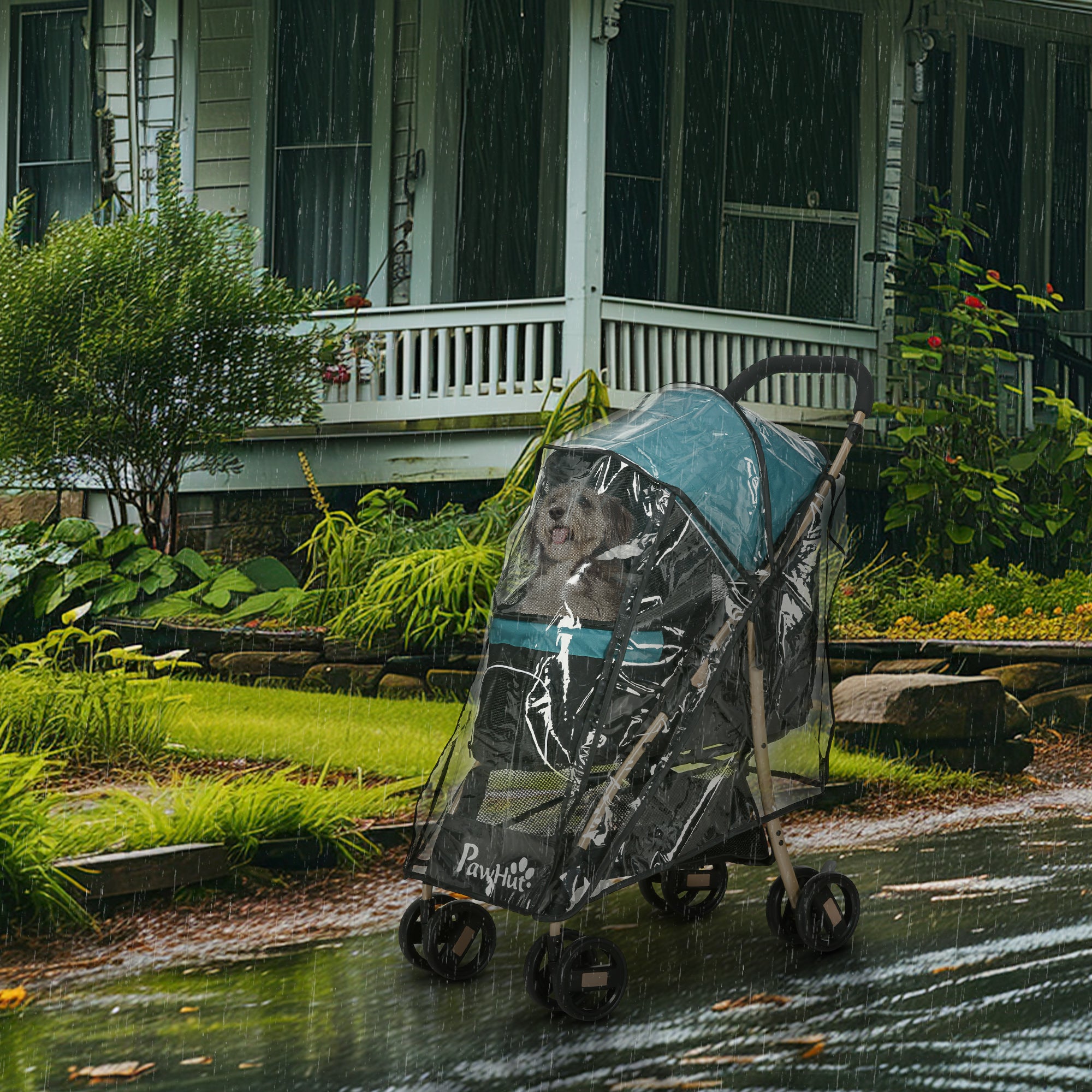 PawHut Pet Stroller For Small And Miniature Dogs, With Rain Cover - Dark Green