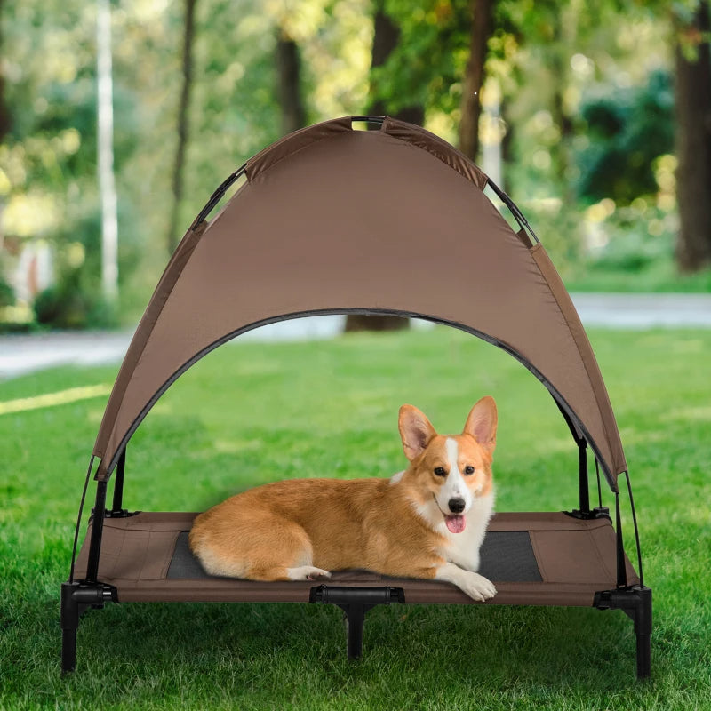 PawHut Elevated Portable Dog Cot Pet Bed With UV Protection Canopy Shade, 36 Inch, Coffee
