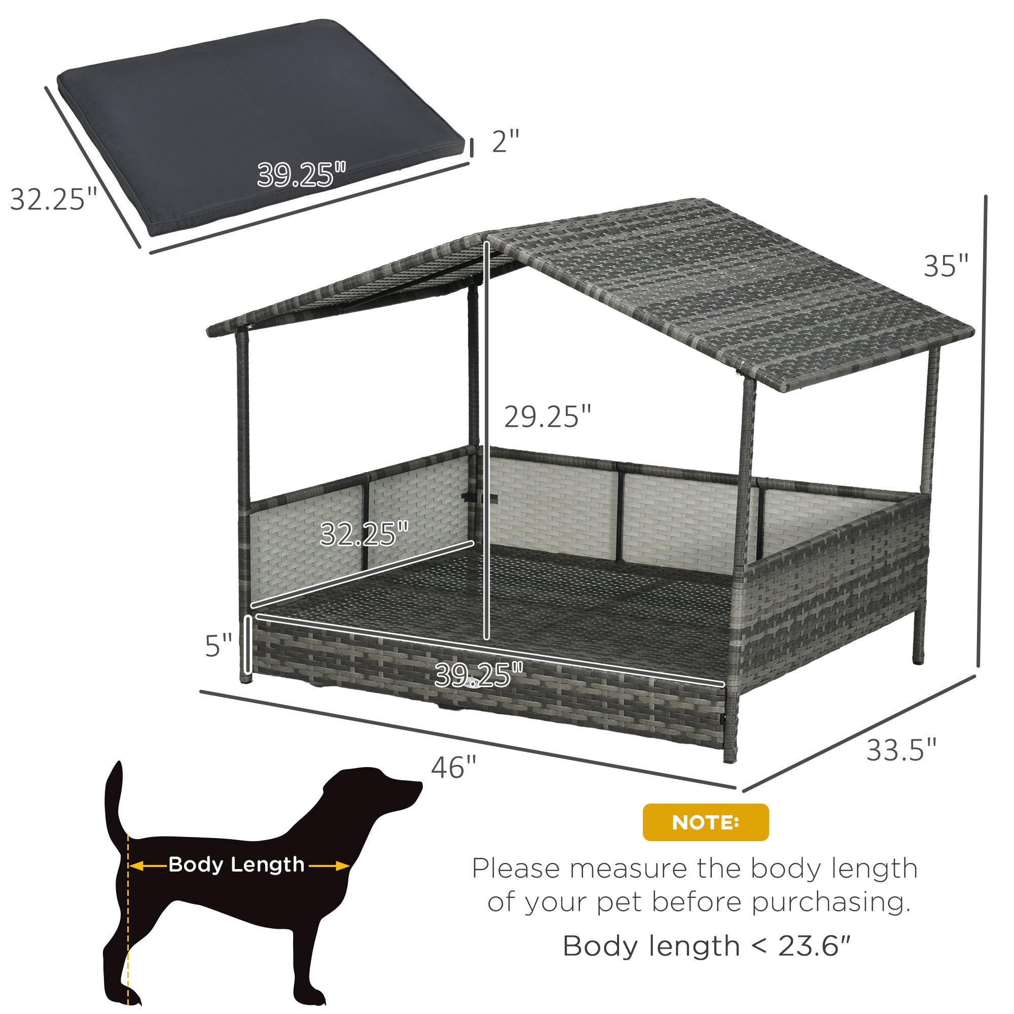Outdoor Dog Bed with Canopy, Rattan Dog Bed with Soft Cushion Removable Cover for Medium and Large Dogs, Dark Gray