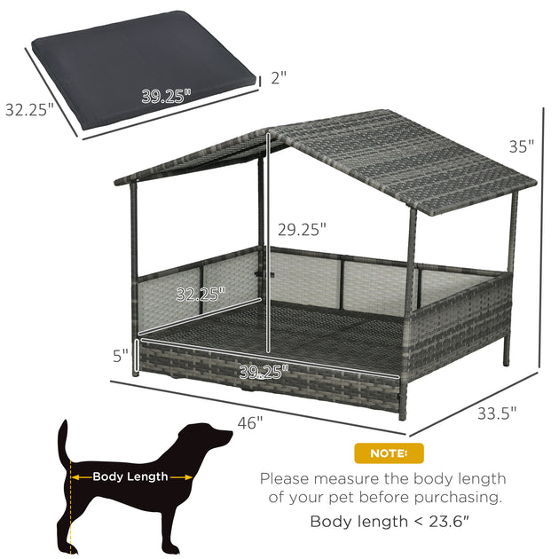 Outdoor Dog Bed with Canopy, Rattan Dog Bed with Soft Cushion Removable Cover for Medium and Large Dogs, Dark Gray