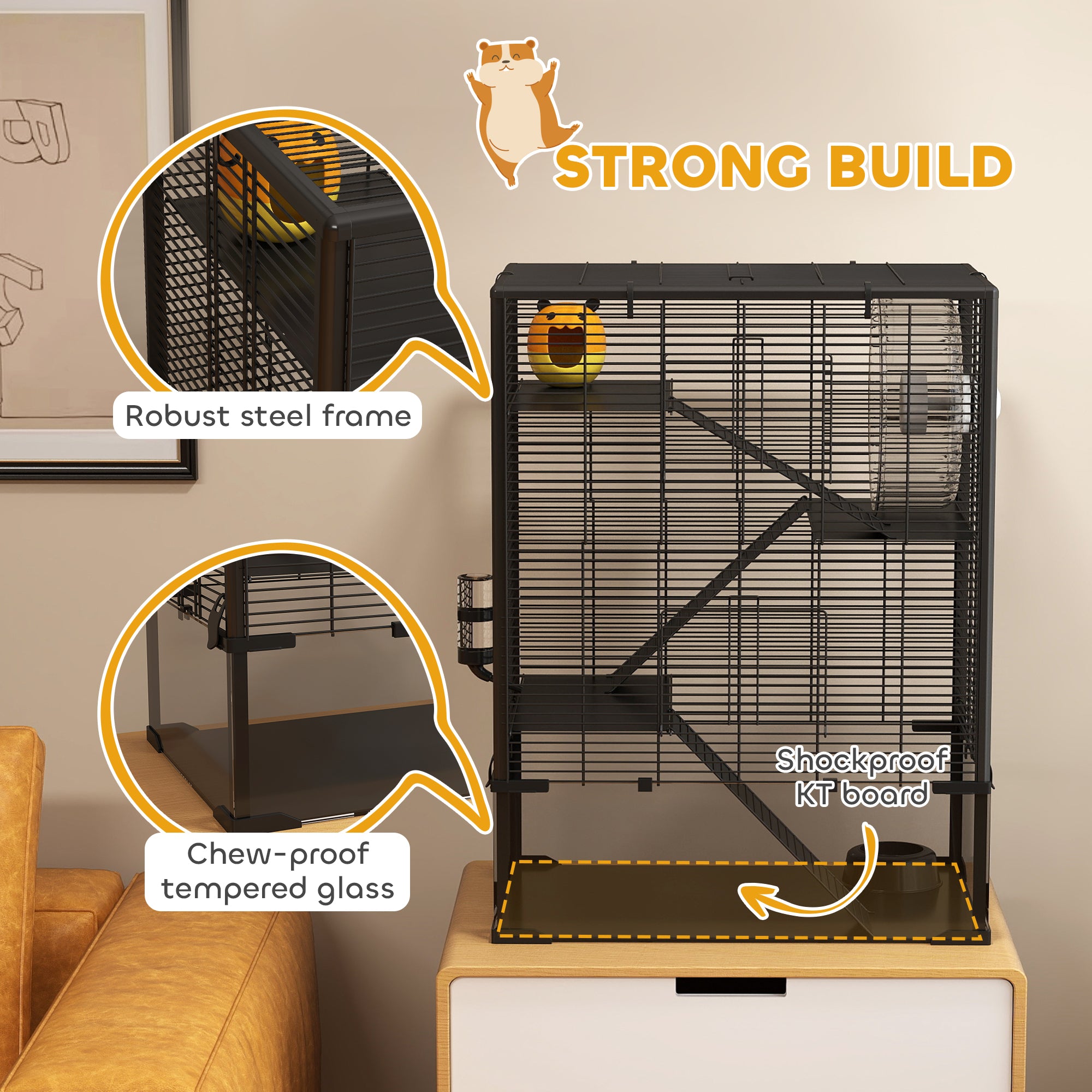4 Tier Hamster Cage with Deep Tempered Glass Bottom, Running Wheel, Hut, Water Bottle, Food Dish, 24" x 16" x 31.5"