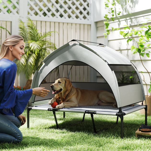 Elevated Dog Bed with Removable Canopy, Portable Outside Raised Pet Cot with Cooling Pad, Storage Bag, 42