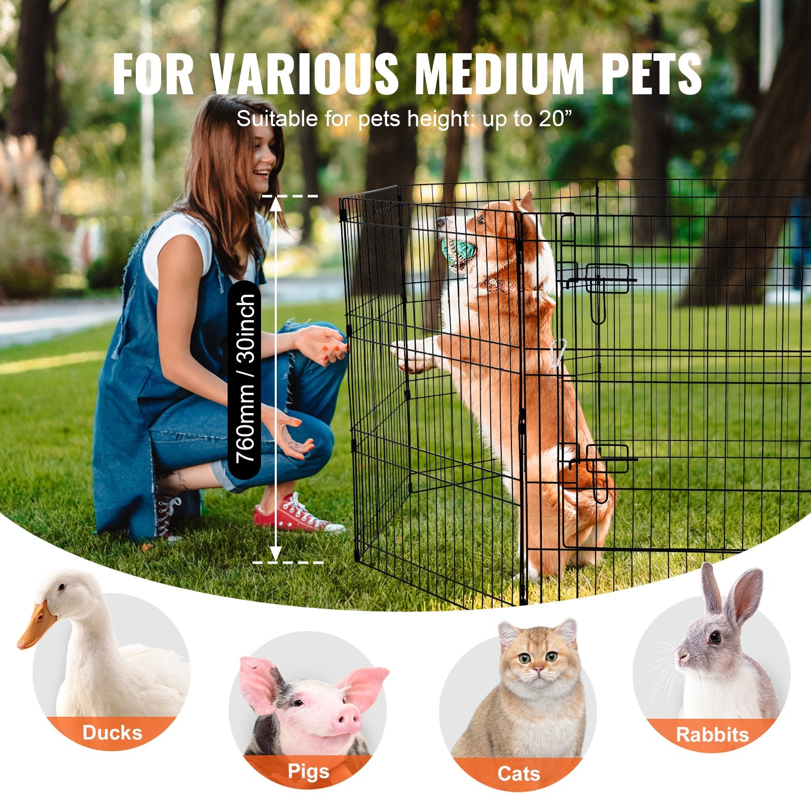 Dog Playpen 8 Panels Foldable Metal Dog Exercise Pen With Bottom Pad 30"H