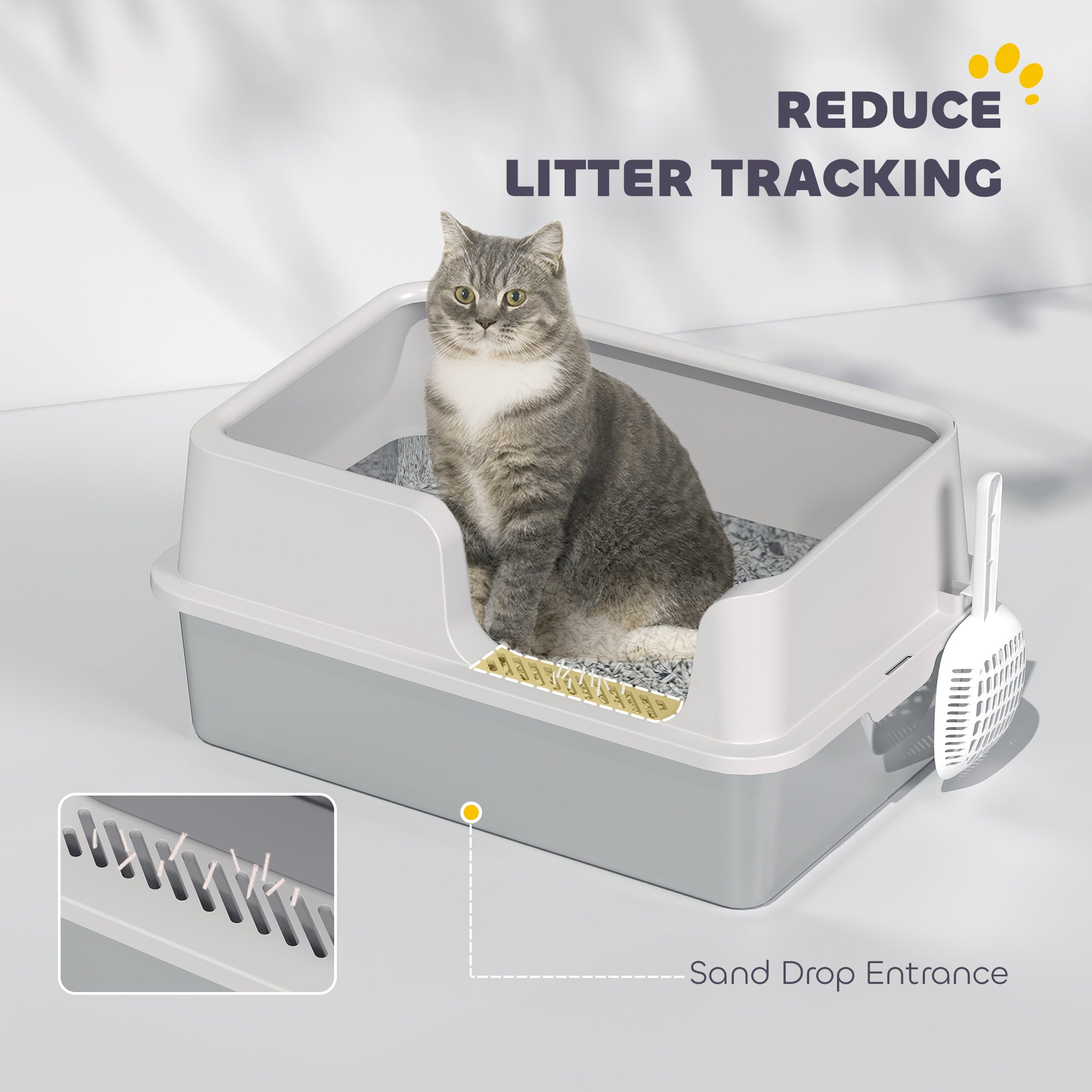 Stainless Steel Litter Box with High Side, Scoop, Easy Cleaning & Anti-Urine Leakage, for Big Cats, Light Gray