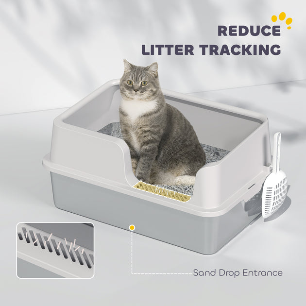 Stainless Steel Litter Box with High Side, Scoop, Easy Cleaning & Anti-Urine Leakage, for Big Cats, Light Gray