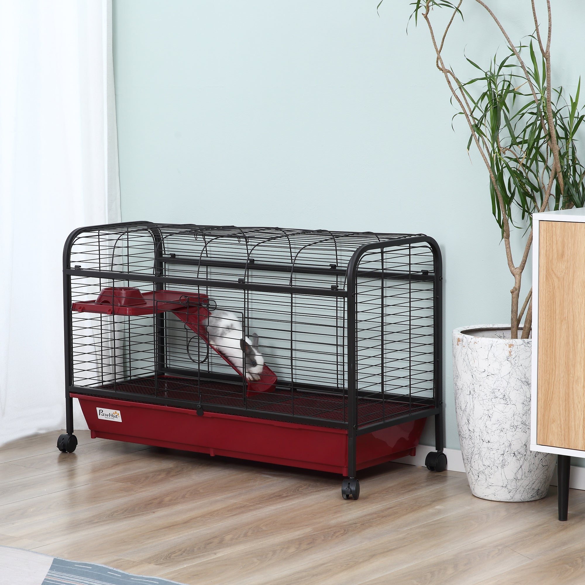 41"L Small Animal Cage, Pet Play House for Rabbit Hutch Ferret with Feeder, Rolling Wheels, Platform, Ramp