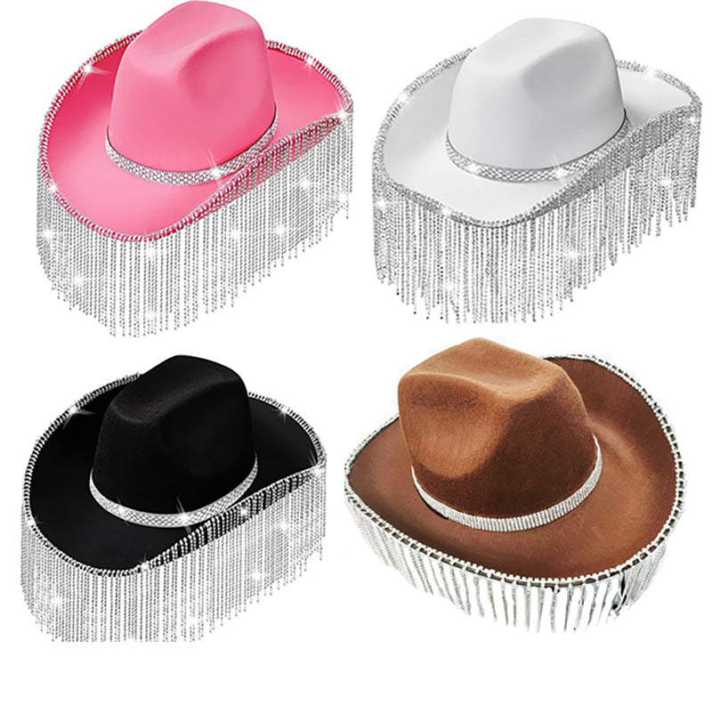 Pink Cowboy Hat Crown Western Girl's Cap Party Ball Silver Edge Wide Brim Hat