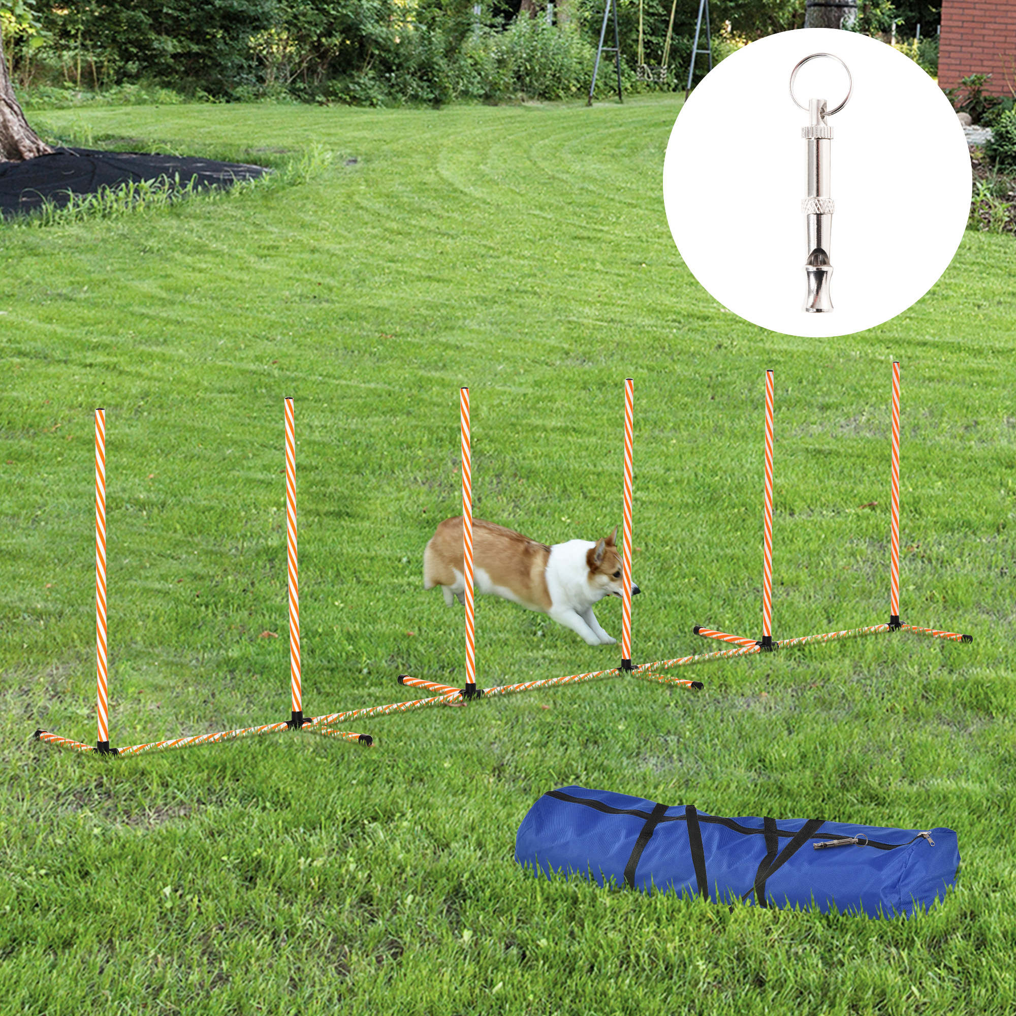 PawHut Dog Agility Equipment Pet Outdoor Training Play Run Obstacle W/ 6 Weaves Poles Whistle Carrying Bag
