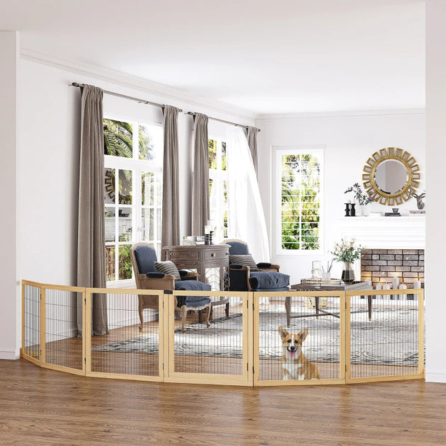 PawHut Wooden Pet Gate, 6-Panel Folding Dog Safety Barrier With Support Feet For Small & Medium Dogs, Natural Wood