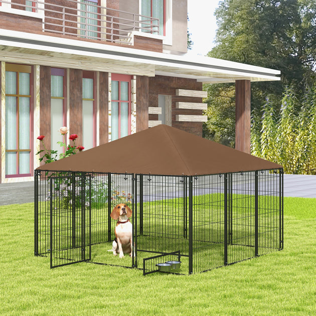 6.9' x 6.9' x 5' Outdoor Dog Kennel with Canopy Garden Playpen Fence Crate Enclosure Cage Rotating Bowl, Coffee