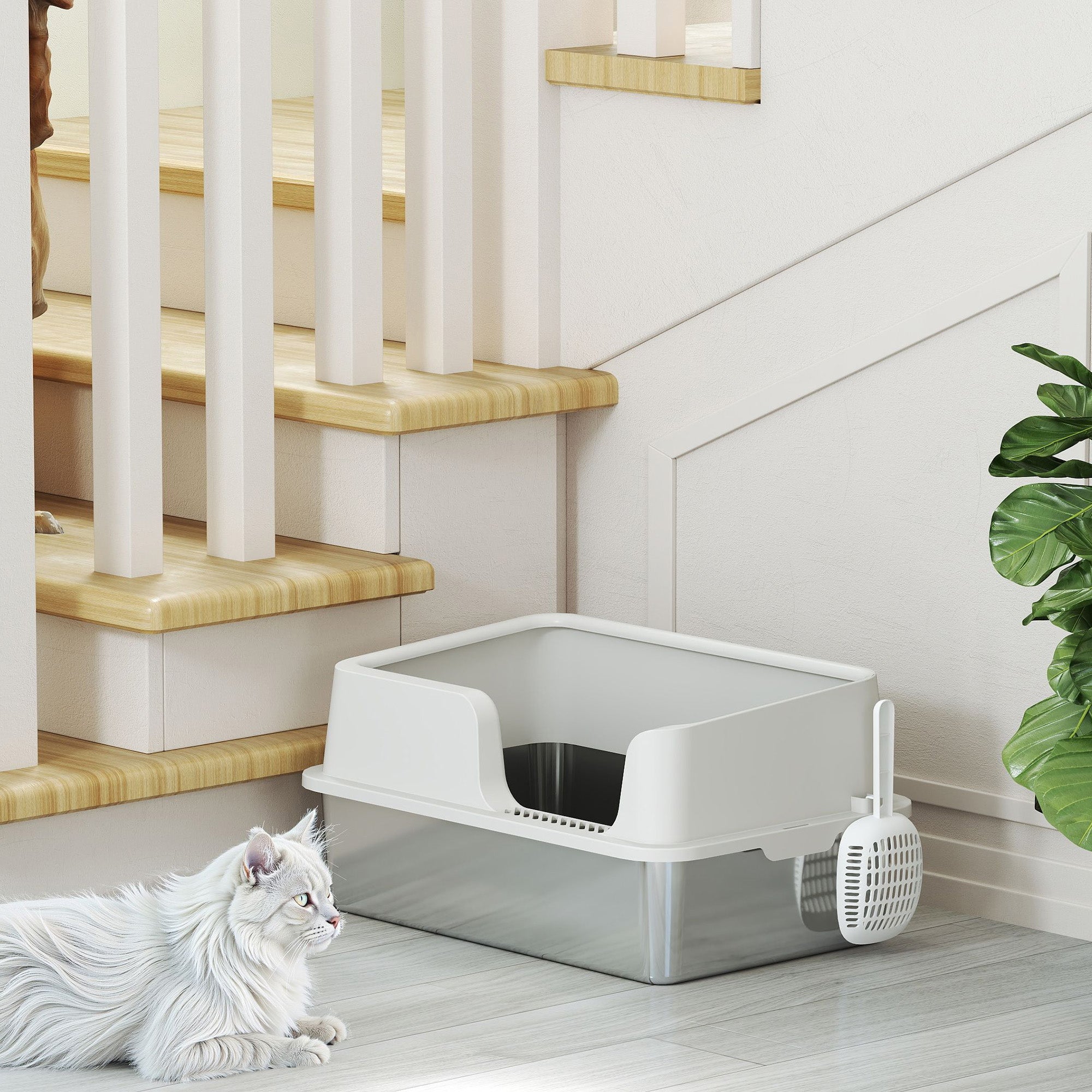 Stainless Steel Litter Box with High Side, Scoop, Easy Cleaning & Anti-Urine Leakage, for Big Cats, Light Gray