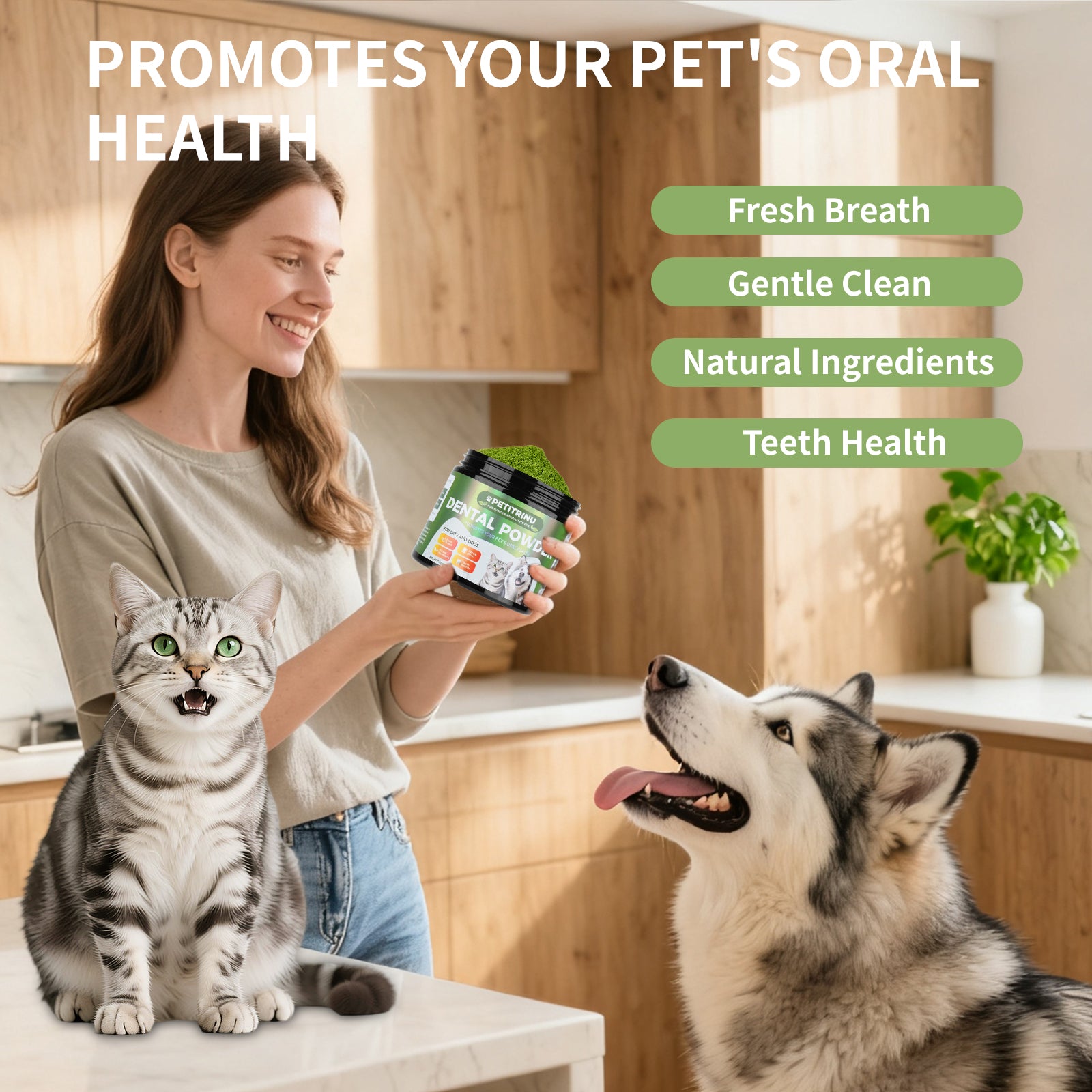 PETITRINU Natural Dental Powder For Cats And Dogs, Fresh Breath Gentle Clean Teeth Health Pet Oral Care Powder 150g