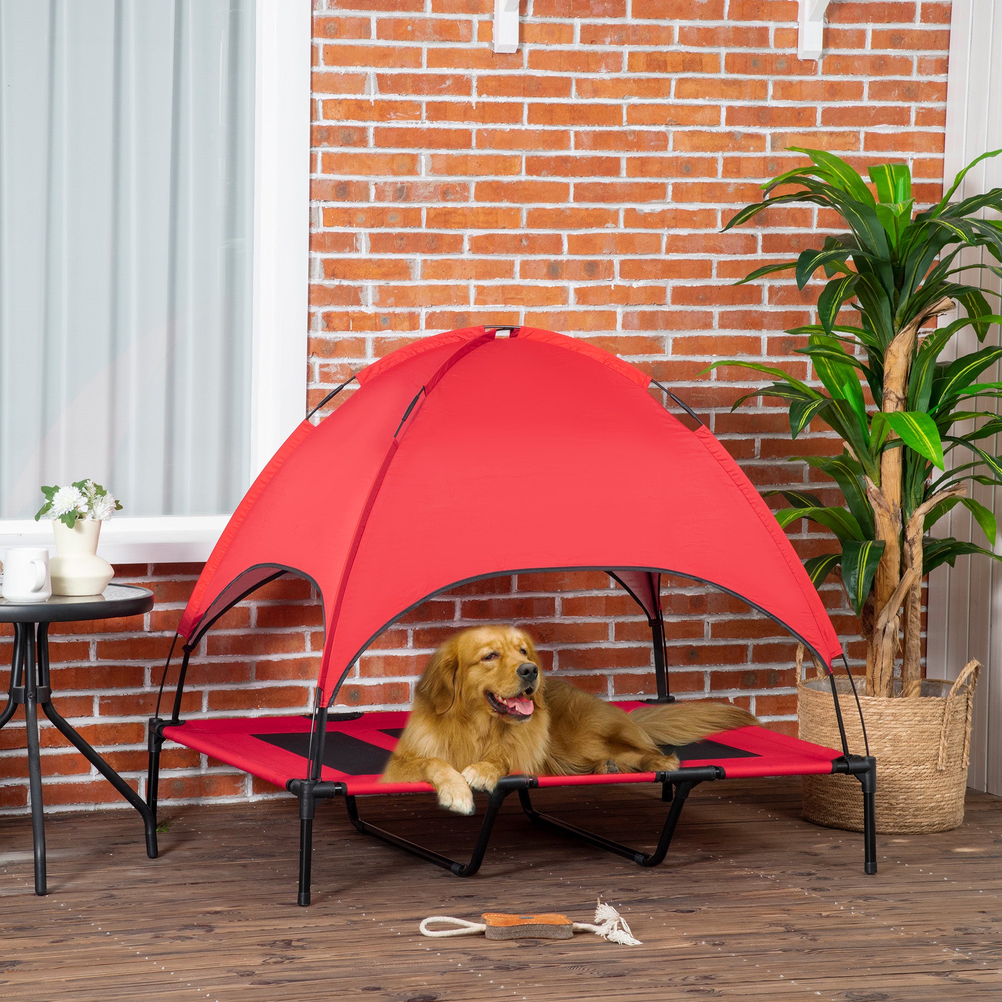 48" X 36" Elevated Portable Dog Cot Cooling Pet Bed With UV Protection Canopy Shade, Red