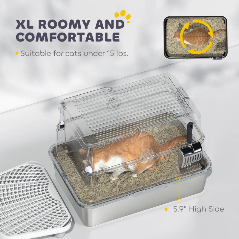 Extra Large Stainless Steel Cat Litter Box For Big Cats With Flip Cover, High-Sided Enclosure & Scoop