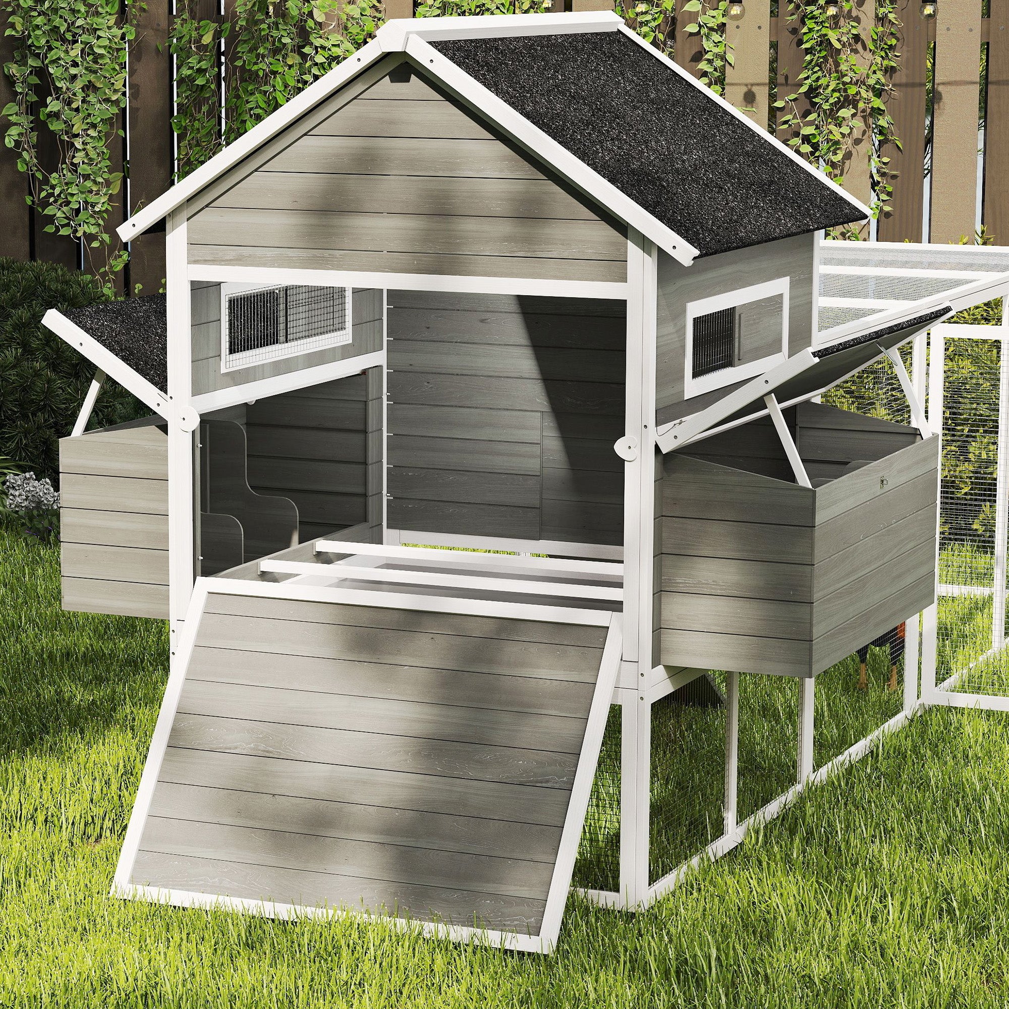137" Wooden Chicken Coop for 8-10 Chickens, Backyard, Dark Gray