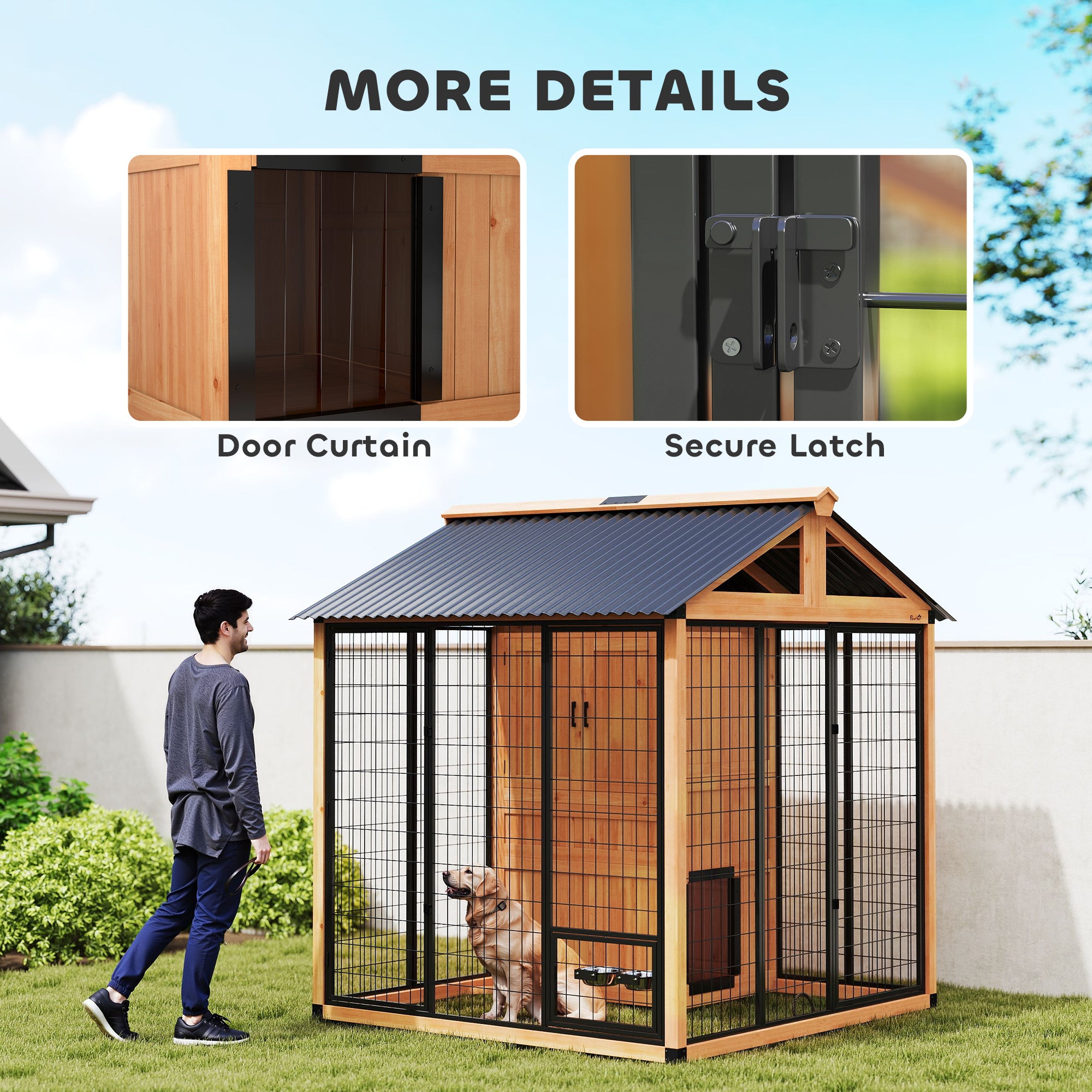 7' x 6' Extra Large Dog House, Wood Outdoor Dog Kennel with Storage Cabinet, Stainless Steel Bowls, Light Yellow