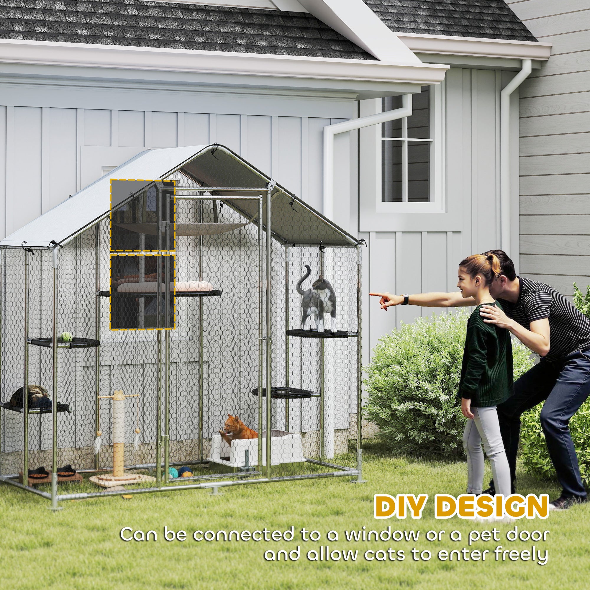 Large Catio Outdoor Cat Enclosure with Waterproof Cover, Walk-in Cat Patio w/ 5 Adjustable Platforms & Hammock