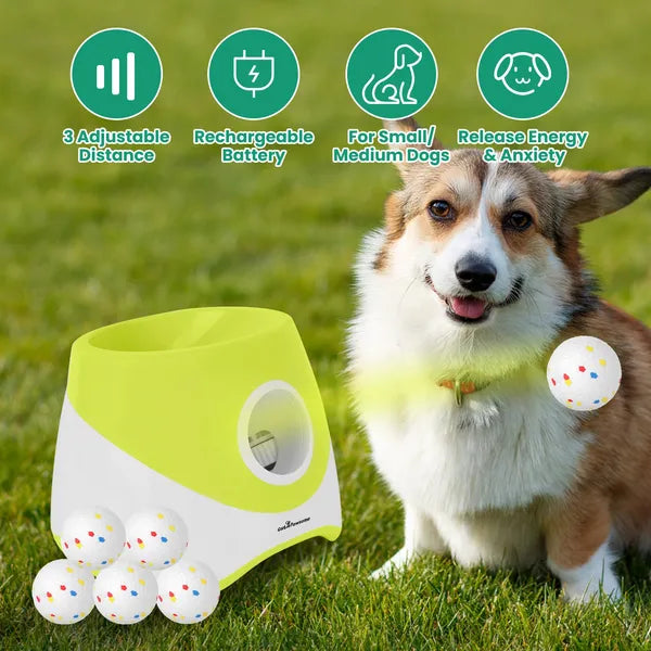 Automatic Dog Ball Launcher Rechargeable Interactive Pet Ball Thrower For Small Medium Dogs Interactive Dog Fetch Toy With 3 Adjustable Distance Settings (6m/10m/14m) 6Pcs 2.3in Balls