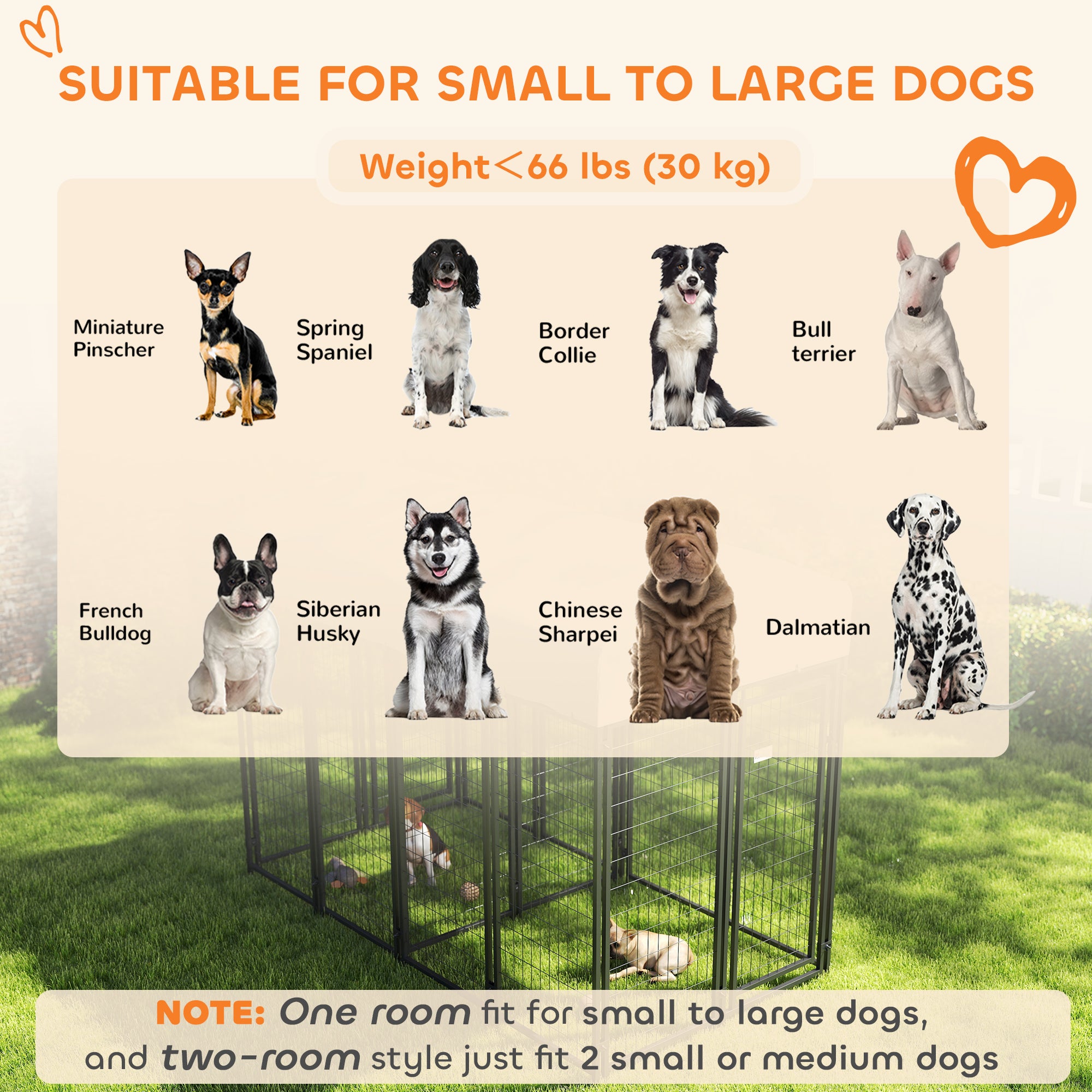 Outdoor Dog Kennel with Two-Room Design, Water-Resistant & Sun-Proof Cover, for S, M, L Dogs, 8' x 4' x 6'