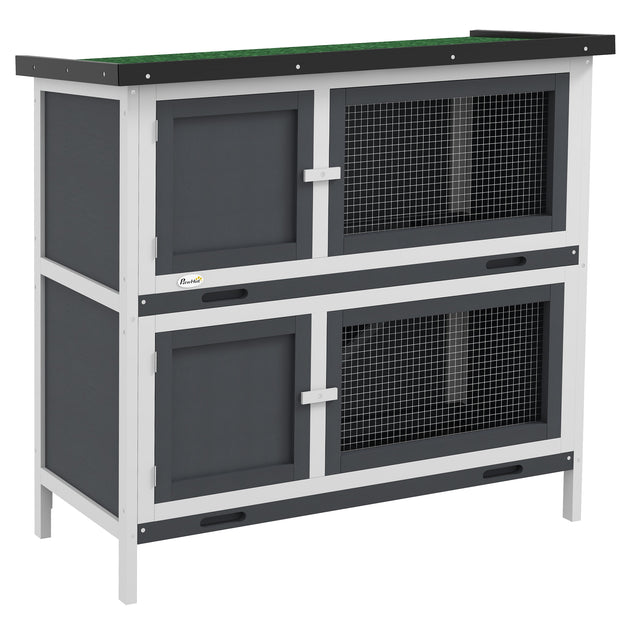 PawHut Double Decker Rabbit Hutch 2 Tier Guinea Pig House Pet Cage Outdoor With Sliding-out Tray, 100 X 47 X 91cm, Grey