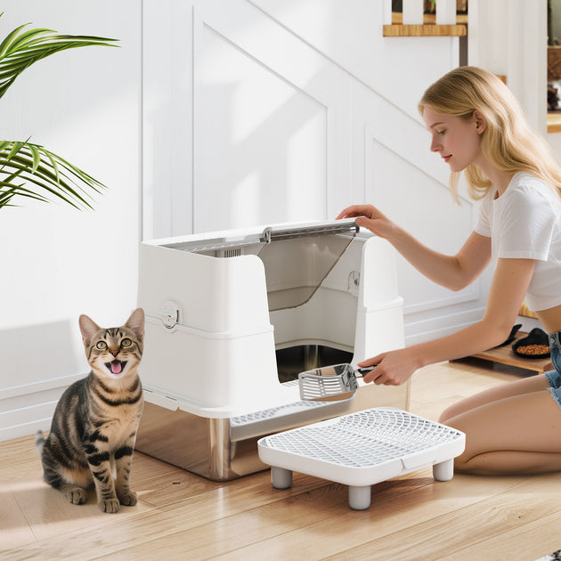 XL Stainless Steel Litter Box W  Flip Top, Scoop, Step, Top & Side Entry Enclosed Litter Box For Big Cats