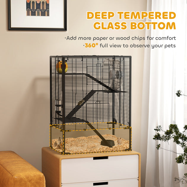 4 Tier Hamster Cage with Deep Tempered Glass Bottom, Running Wheel, Hut, Water Bottle, Food Dish, 24