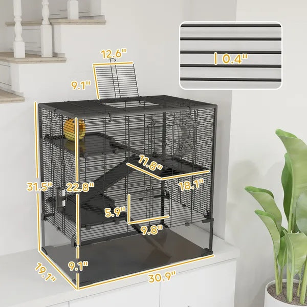 4 Tier Hamster Cage With Deep Tempered Glass Bottom, Running Wheel, Hut, Water Bottle, Food Dish