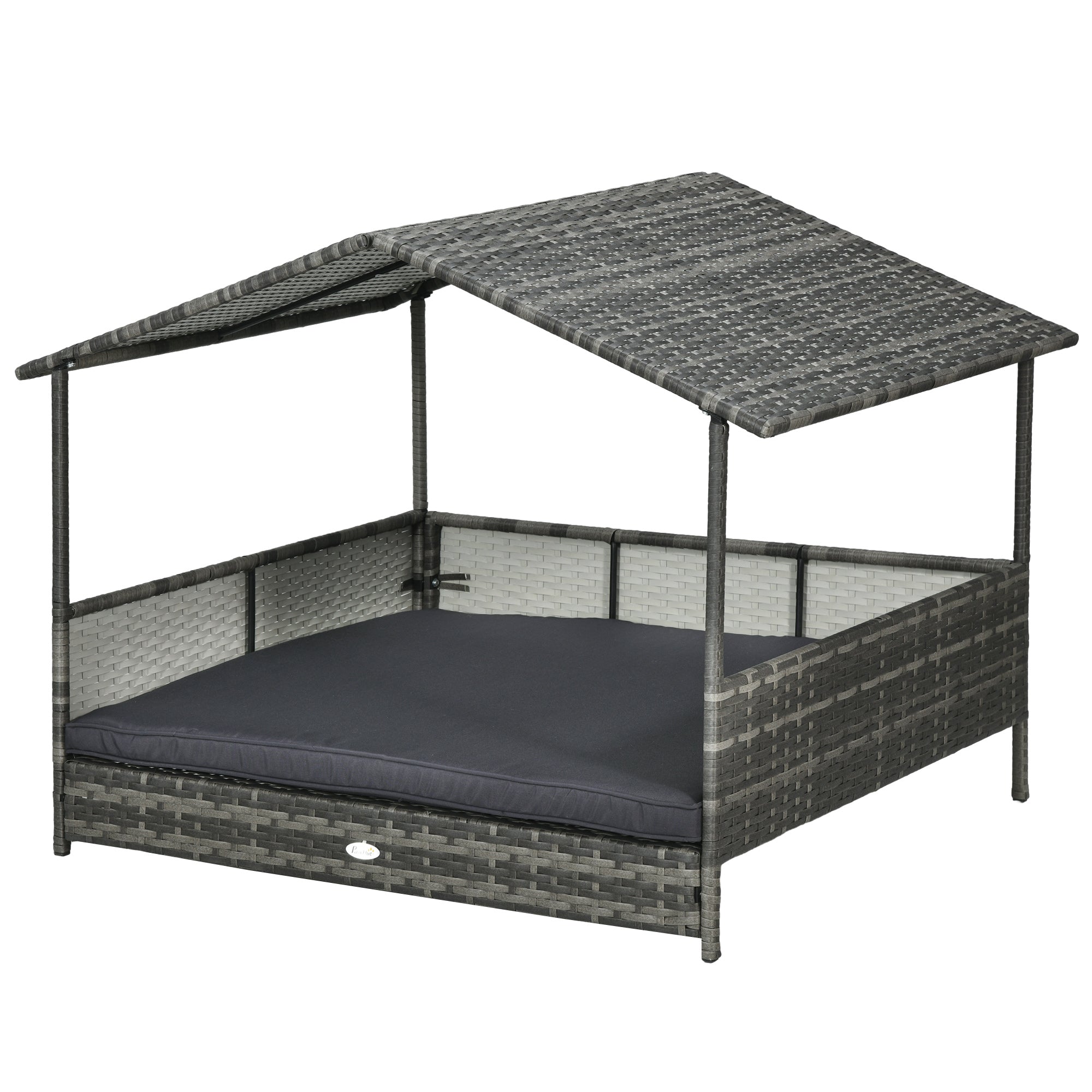 Outdoor Dog Bed with Canopy, Rattan Dog Bed with Soft Cushion Removable Cover for Medium and Large Dogs, Dark Gray
