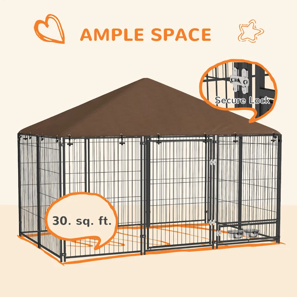 Outside Dog Kennel, 6.9' X 4.6' X 5' Puppy Play Pen With Canopy, Garden Playpen Fence Crate With Rotating Bowl, Black